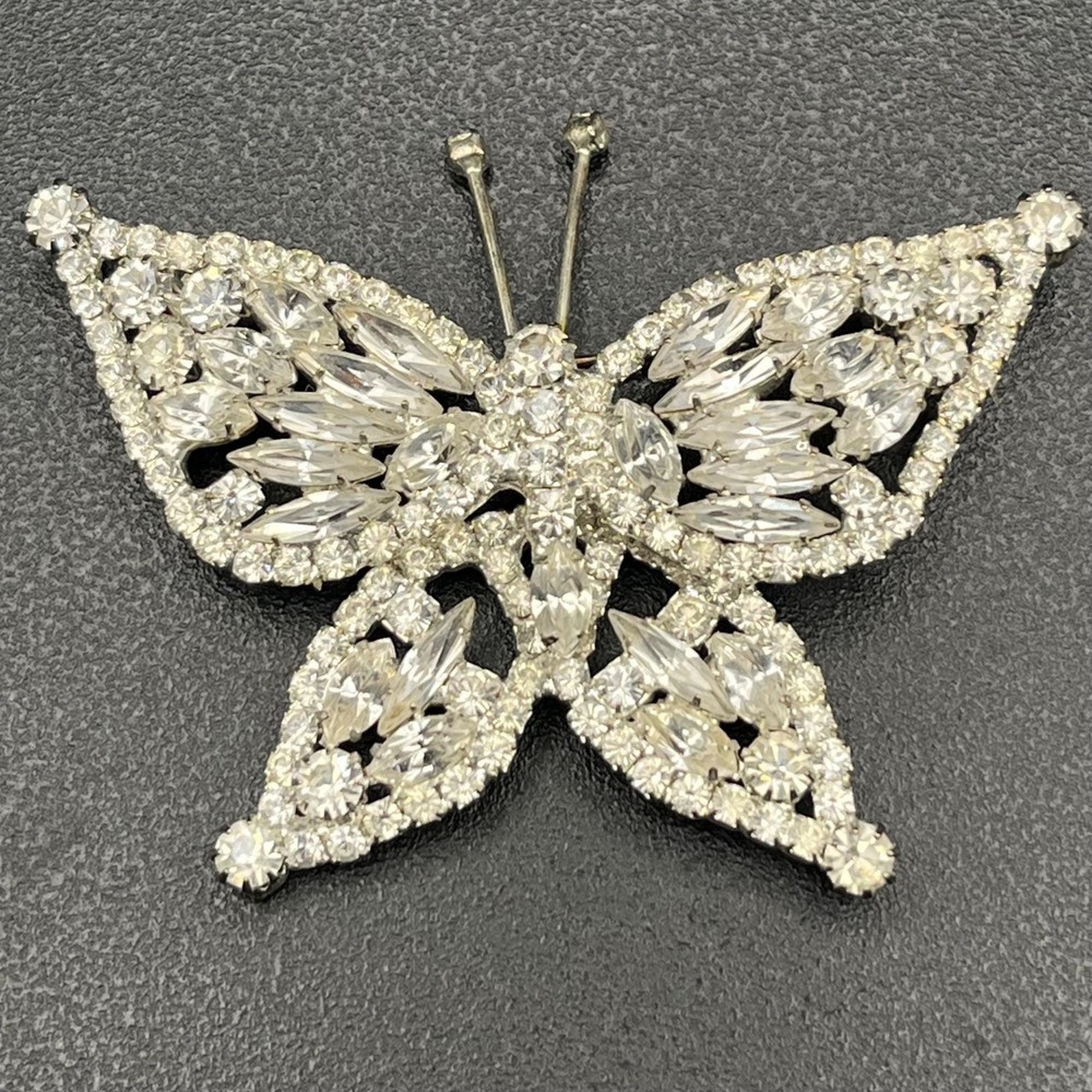 Mid Century Rhinestone Butterfly Brooch Silver Tone Navette Wings